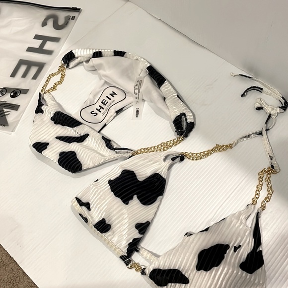 New In Bag SHEIN 2pc Bikini Bathing Suit Blk/ white print w/chain detail size XL - Picture 3 of 12